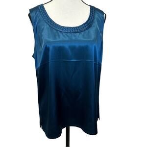 PRICED TO SELL!! Chico’s Blue Sleeveless Satin Top, Size 2, Braided Trim